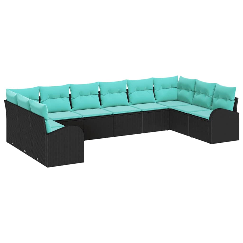 Set Divano da Giardino 10 pz Nero e Turchese polyrattan