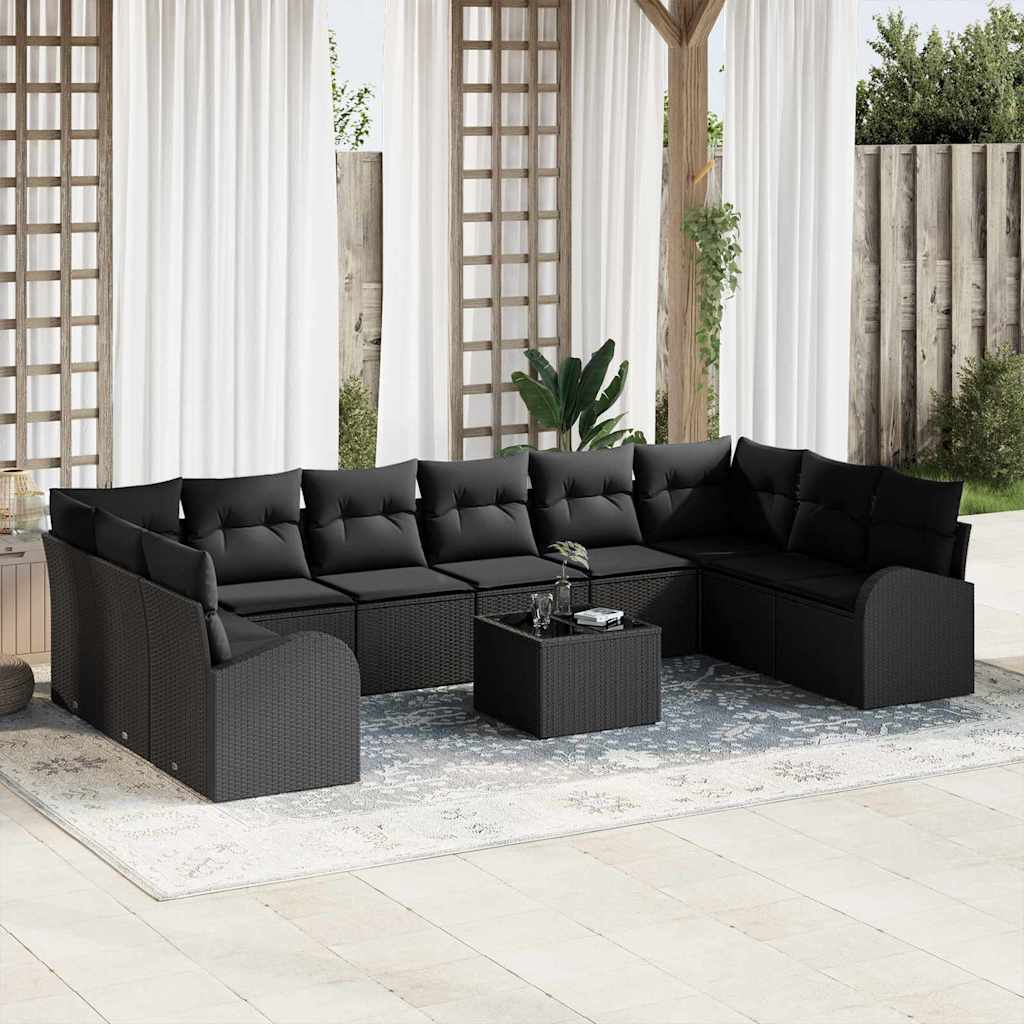 Set Divano da Giardino con cuscino 11 pcs Nero polyrattan | homemem39