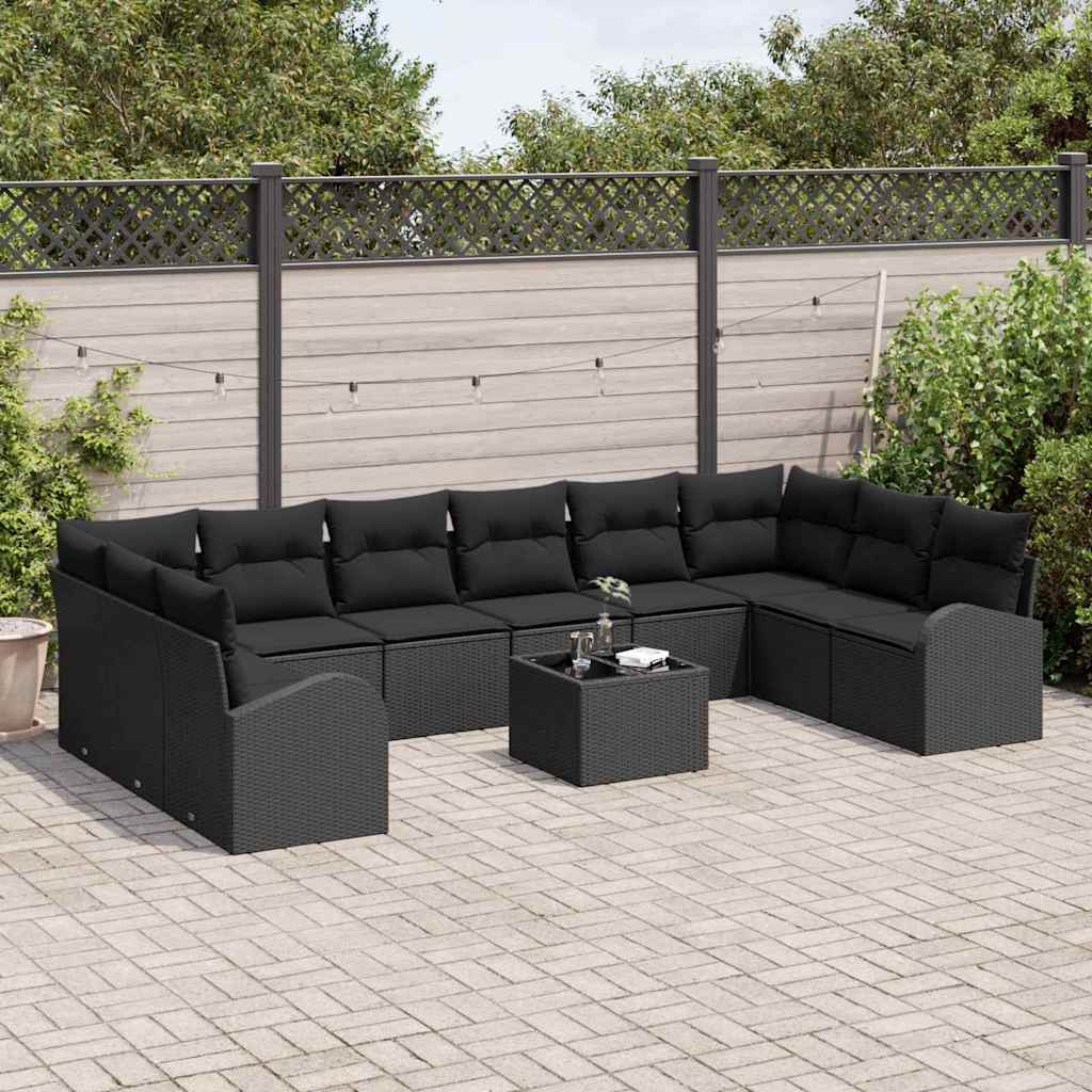 Set Divano da Giardino con cuscino 11 pcs Nero polyrattan | homemem39