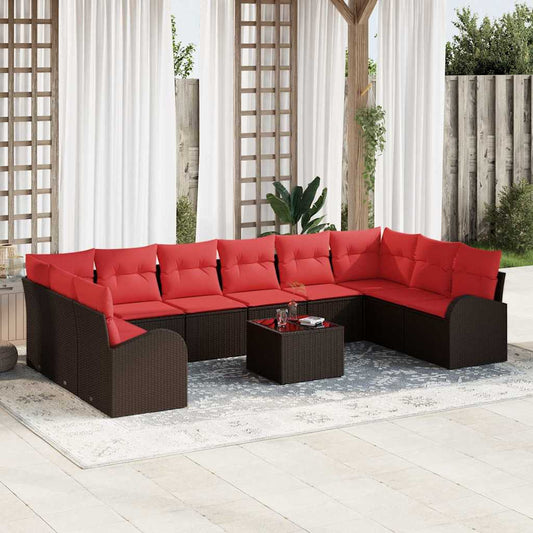 Set Divano da Giardino 11 pcs Marrone e Rosso polyrattan
