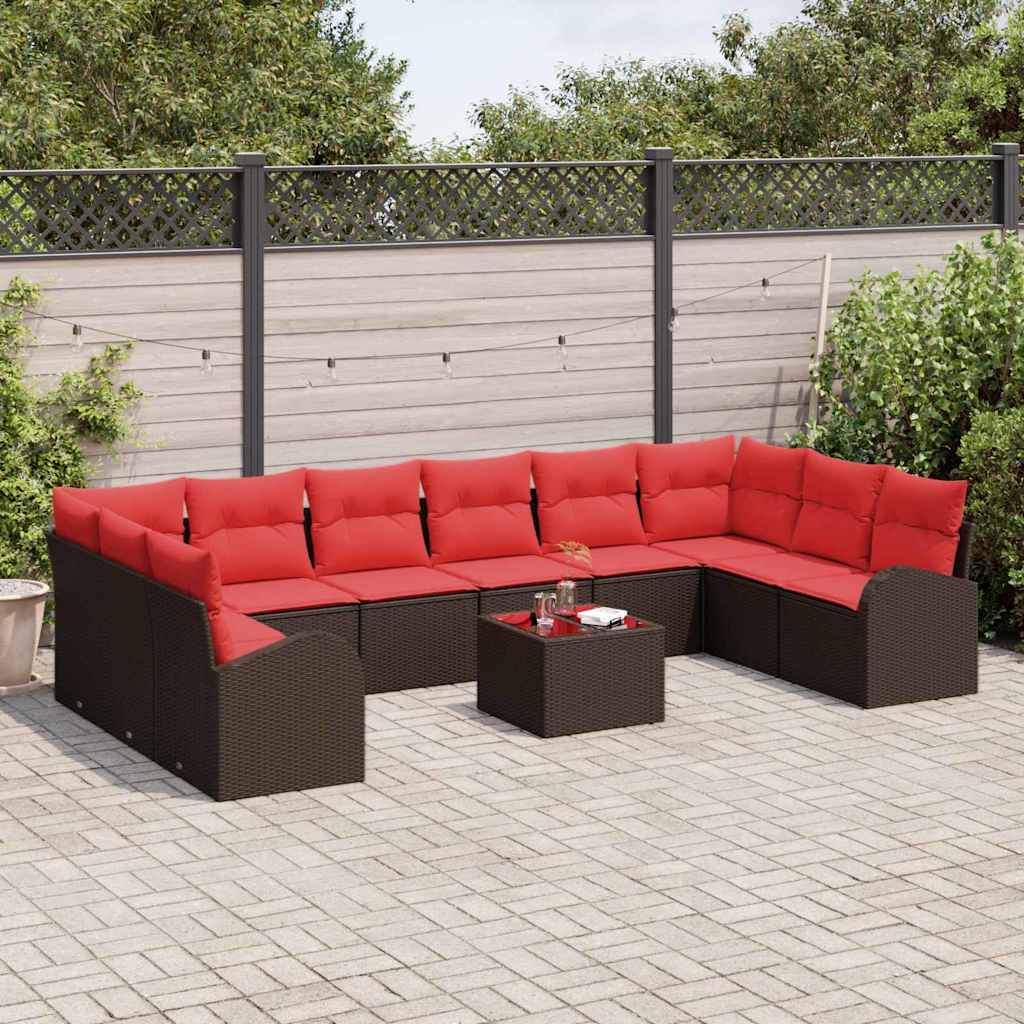 Set Divano da Giardino 11 pcs Marrone e Rosso polyrattan | homemem39