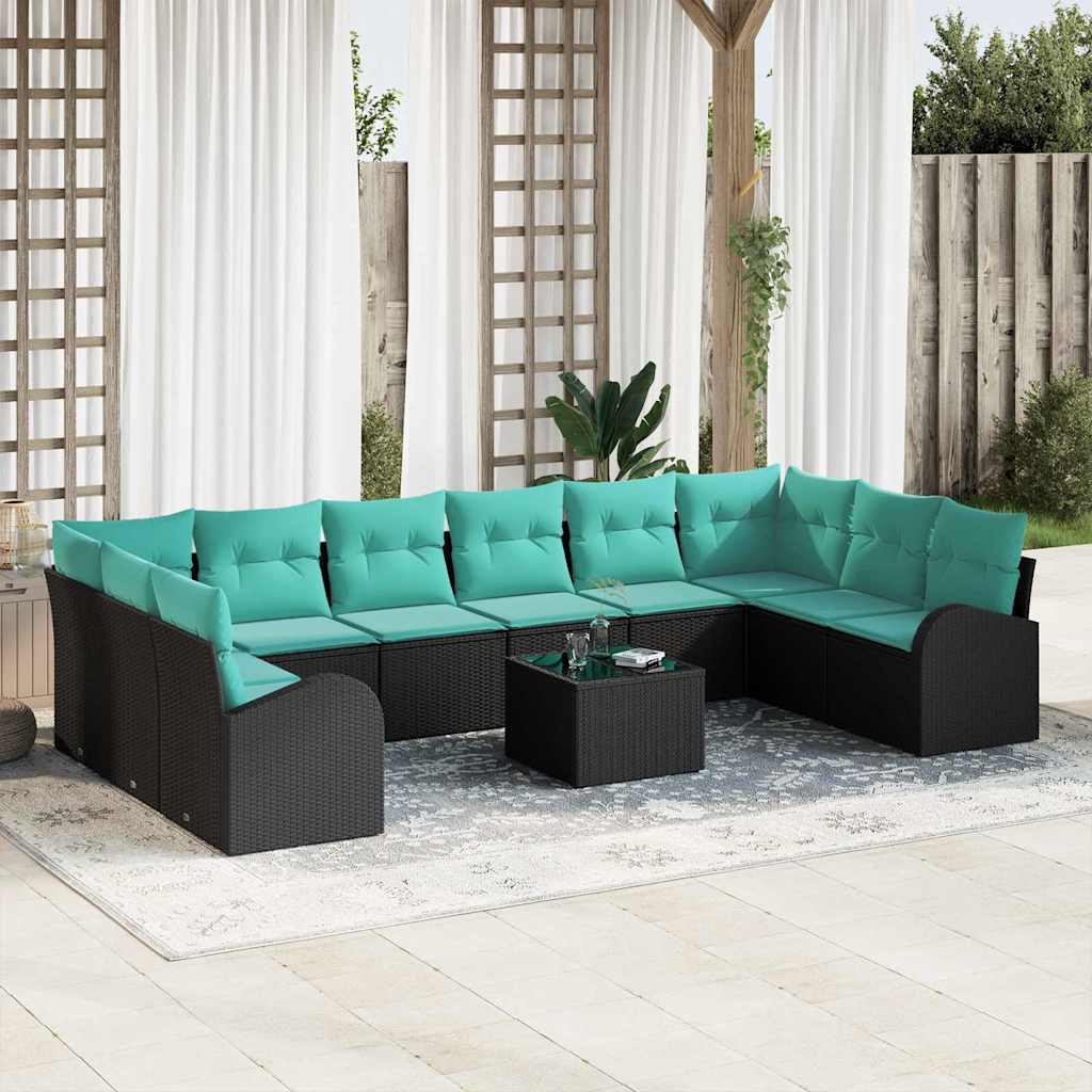 Set Divano da Giardino 11 pz Nero e Turchese polyrattan