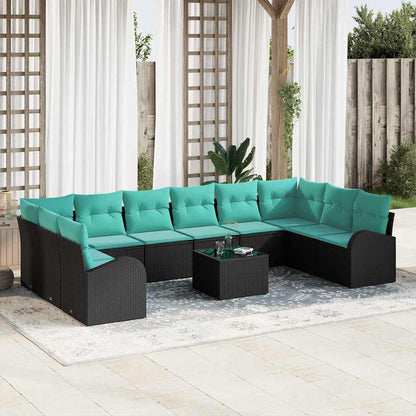 Set Divano da Giardino 11 pz Nero e Turchese polyrattan