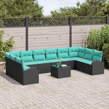 Set Divano da Giardino 11 pz Nero e Turchese polyrattan