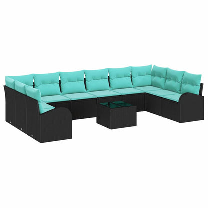 Set Divano da Giardino 11 pz Nero e Turchese polyrattan