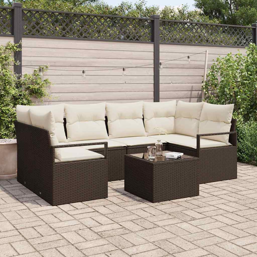 Set Divano da Giardino con cuscino 7 pcs Marrone e Crema