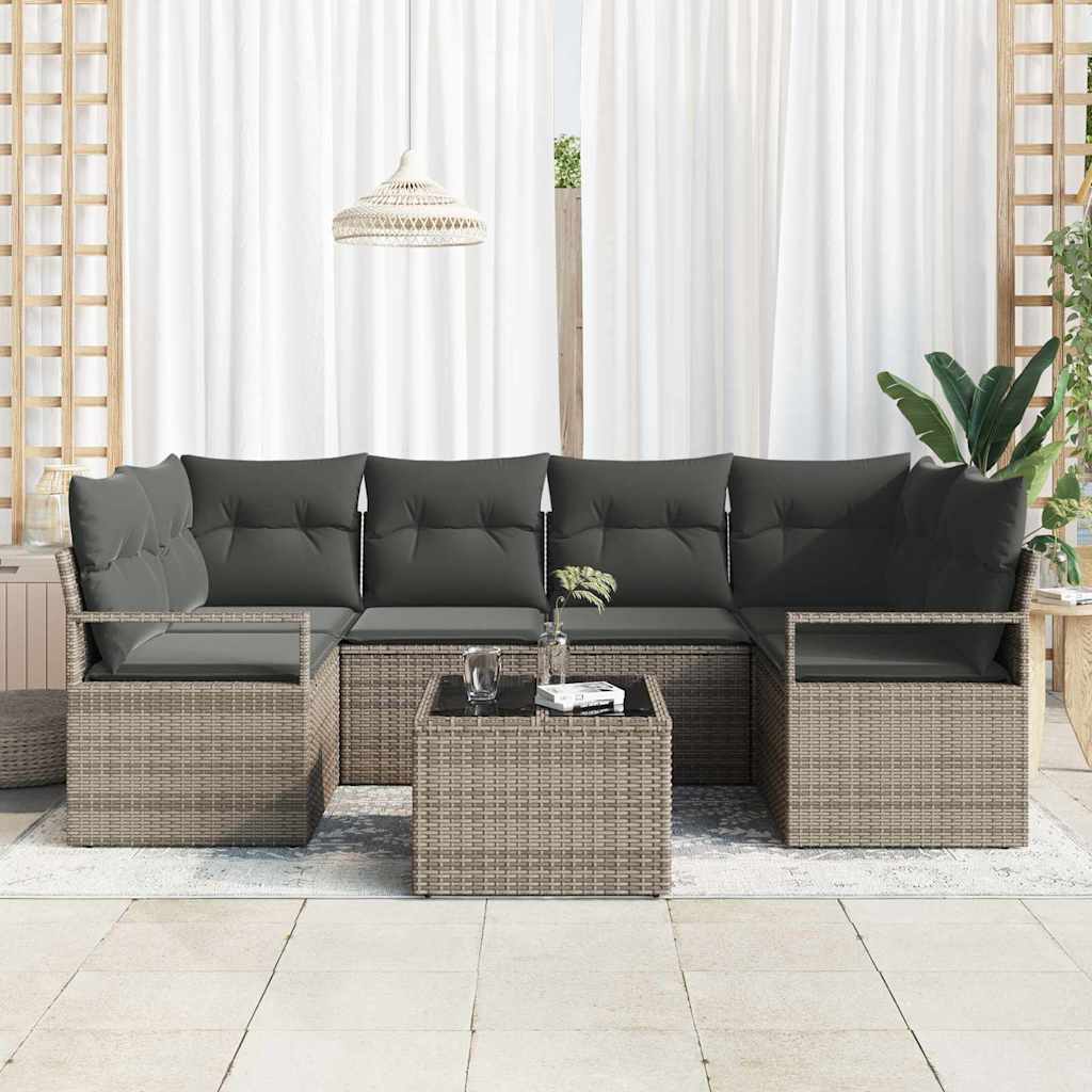 Set Divano da Giardino 7 pcs Grigio Polyrattan, Acciaio e Vetro | homemem39