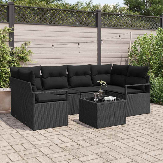 Set Divano da Giardino 7 pcs Nero Polyrattan, Acciaio e Vetro