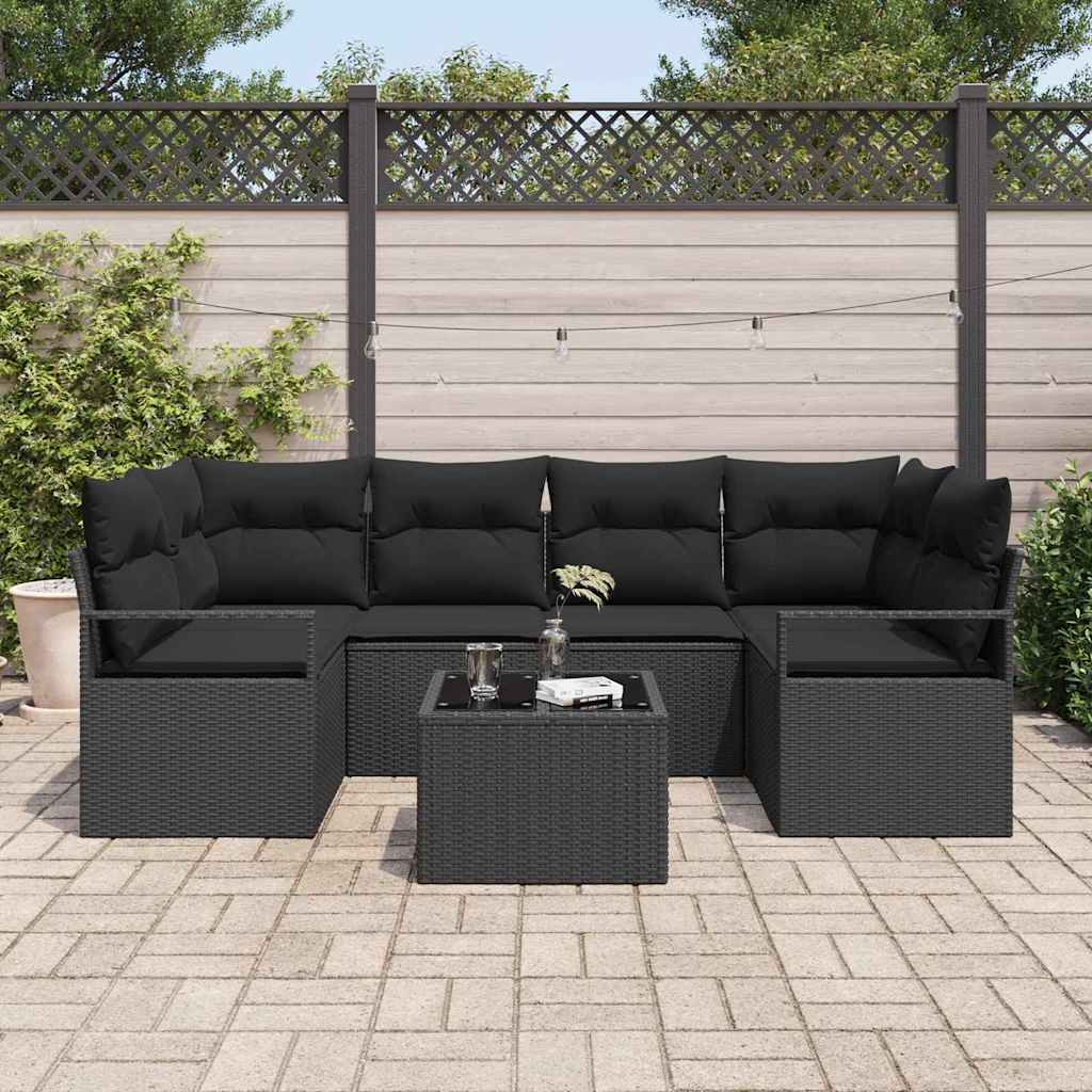 Set Divano da Giardino 7 pcs Nero Polyrattan, Acciaio e Vetro | homemem39