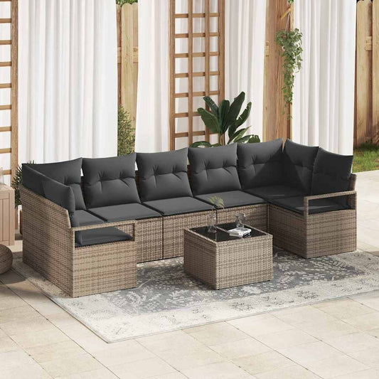 Set Divano da Giardino 8 pcs Grigio Polyrattan, Acciaio e Vetro