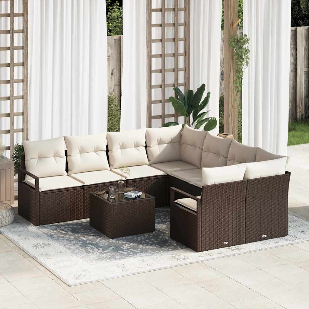 Set di divani con cuscino 9 pcs Marrone e Crema polyrattan | homemem39