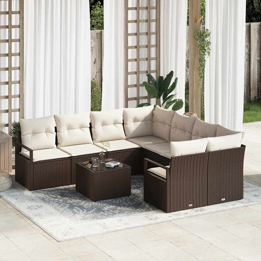 Set di divani con cuscino 9 pcs Marrone e Crema polyrattan