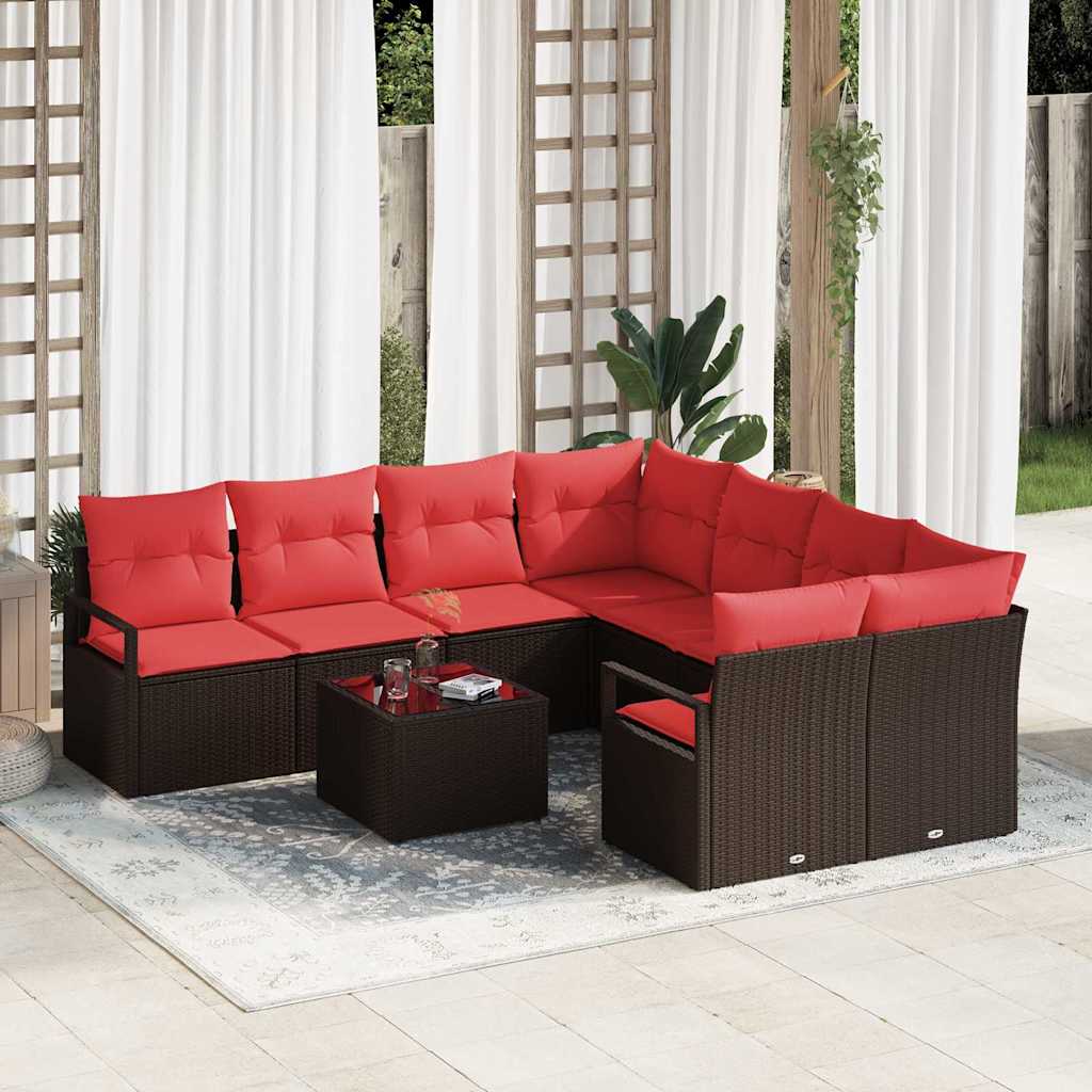 Set di divani 9 pz 8-Numero di posti Beige e Rosso polyrattan