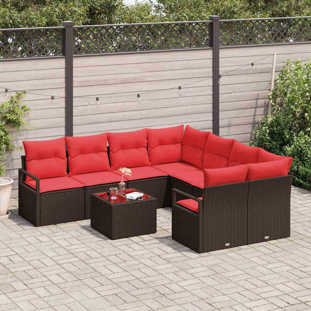 Set di divani 9 pz 8-Numero di posti Beige e Rosso polyrattan