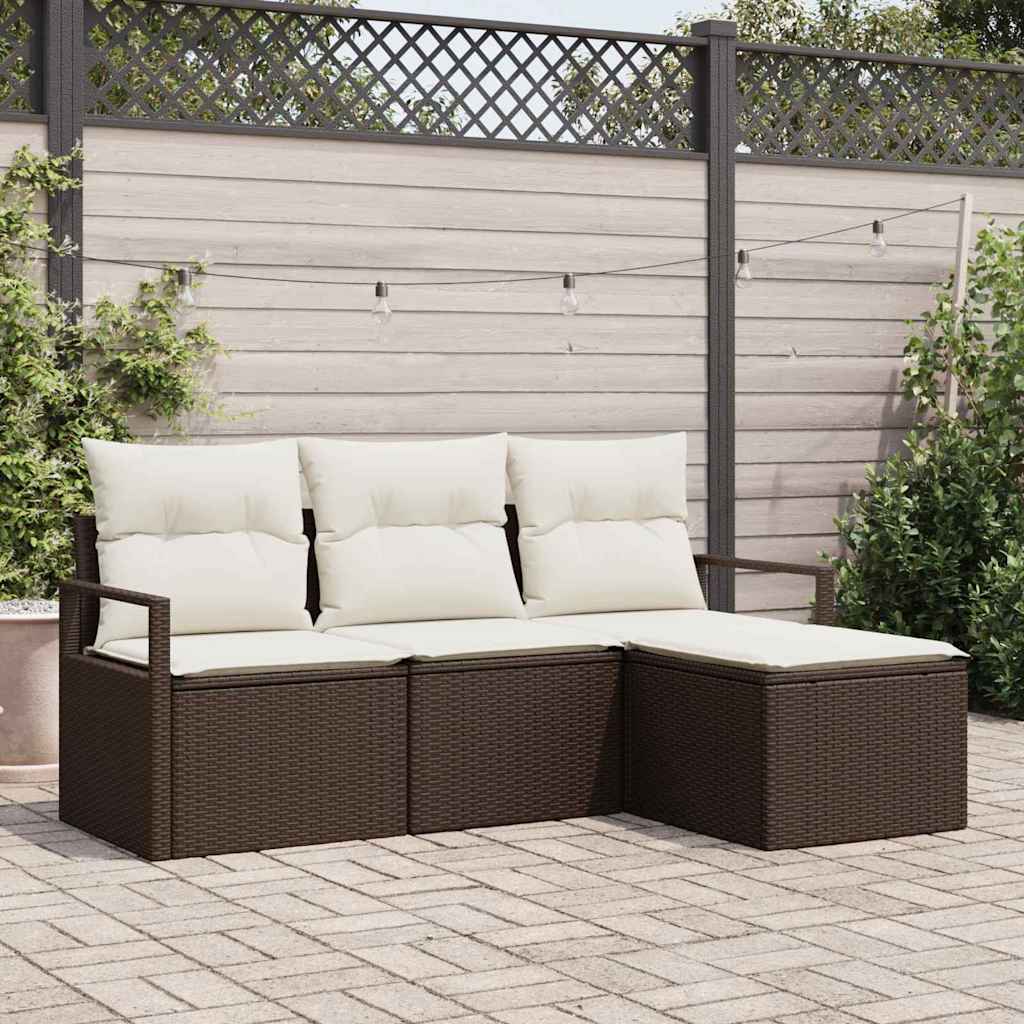 Set di divani con cuscino 4 pcs Marrone e Crema polyrattan | homemem39