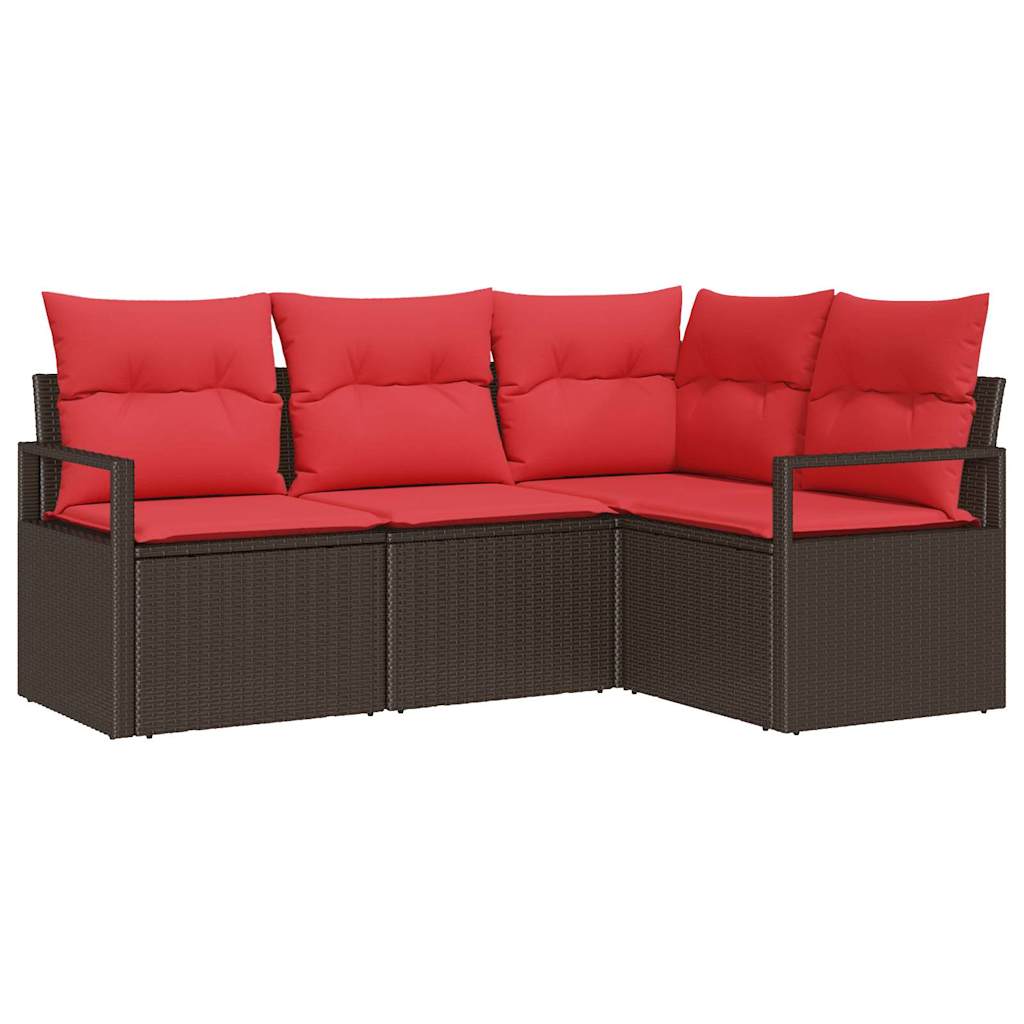 Set Divano da Giardino 4 pz Marrone e Rosso polyrattan