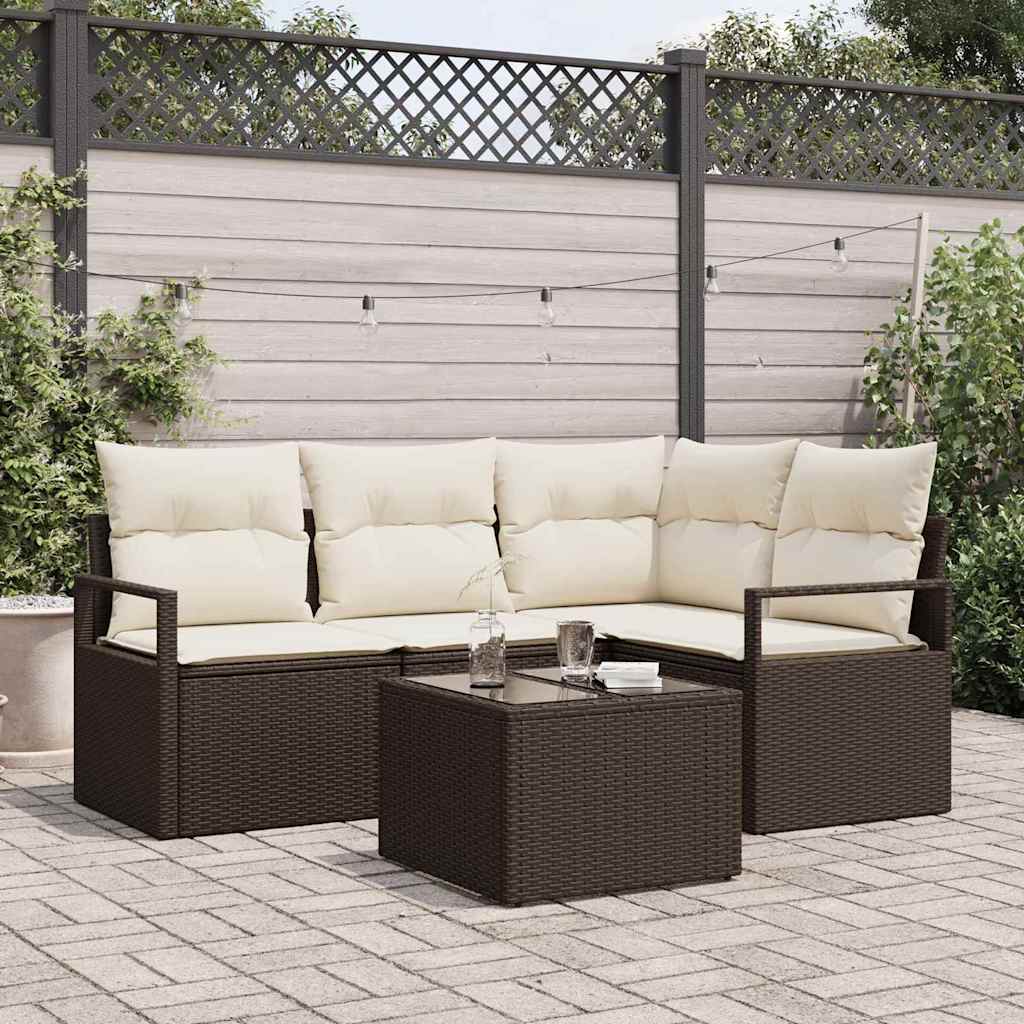 Set di divani con cuscino 5 pcs Marrone e Crema polyrattan | homemem39