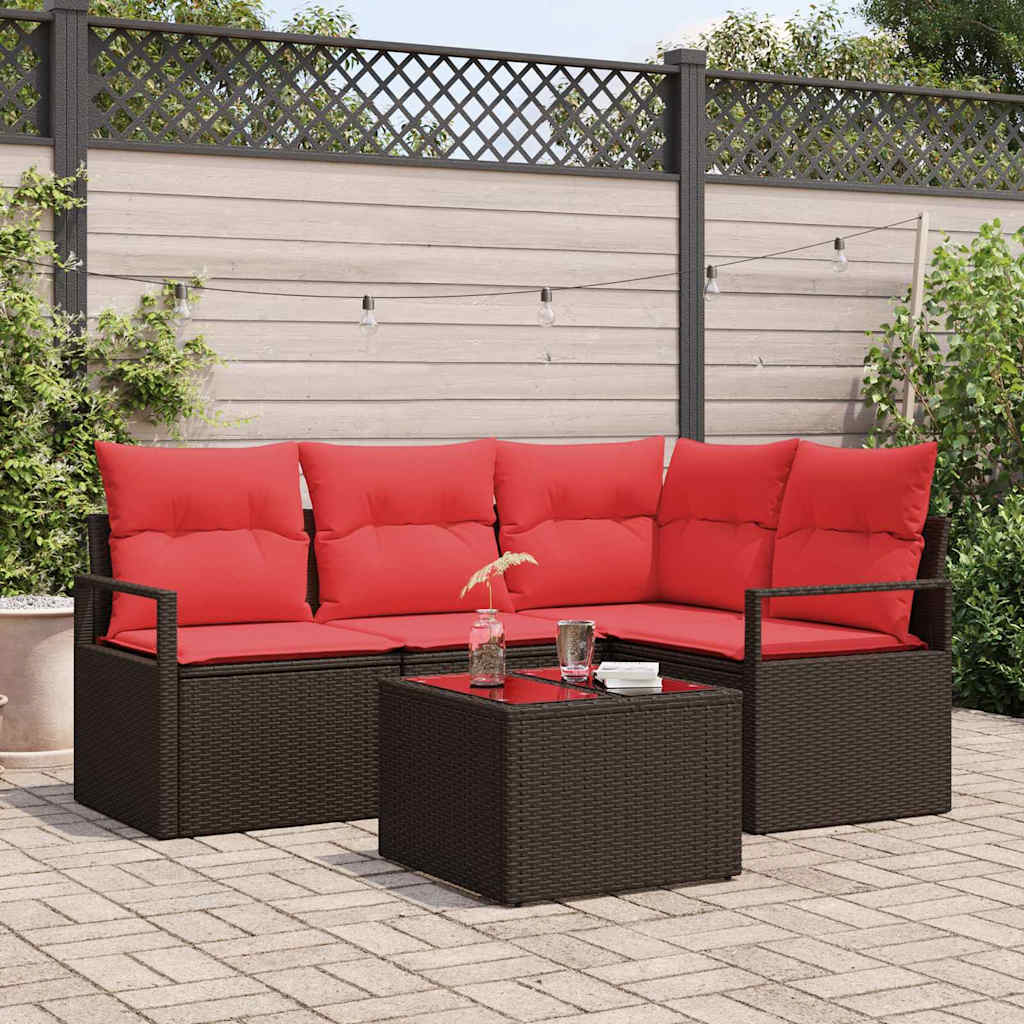 Set Divano da Giardino 5 pz Marrone e Rosso polyrattan