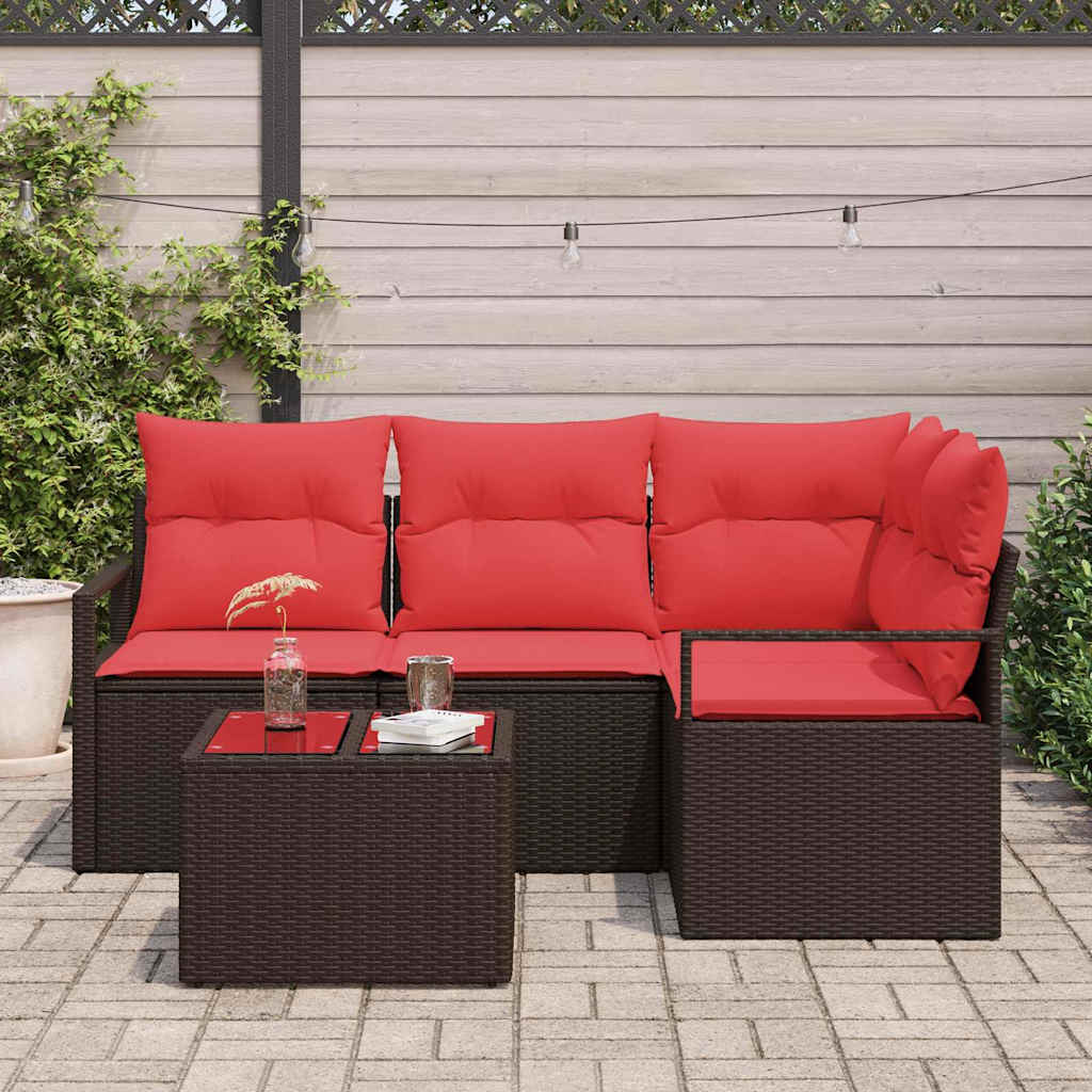 Set Divano da Giardino 5 pz Marrone e Rosso polyrattan