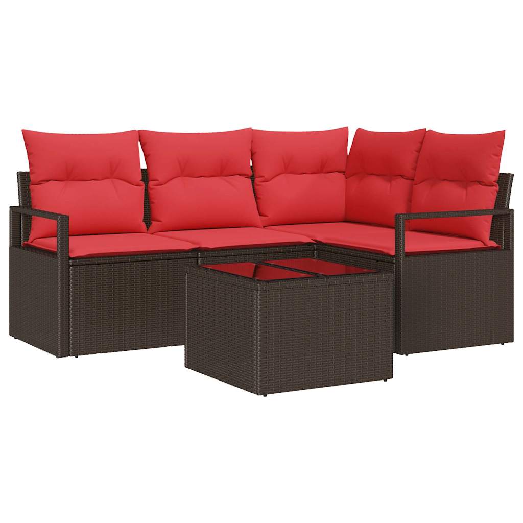 Set Divano da Giardino 5 pz Marrone e Rosso polyrattan