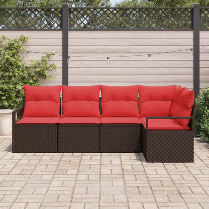 Set Divano da Giardino 5 pz Marrone e Rosso polyrattan