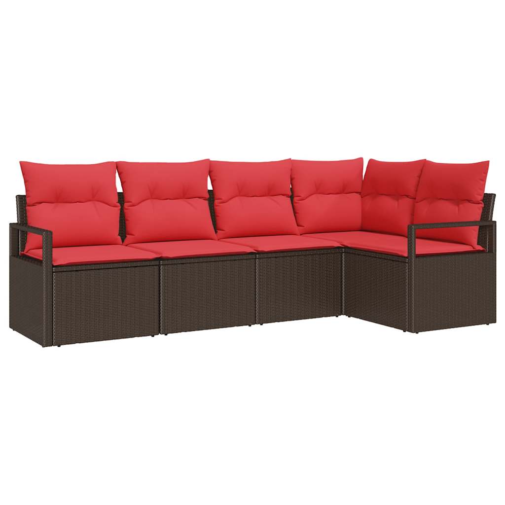 Set Divano da Giardino 5 pz Marrone e Rosso polyrattan