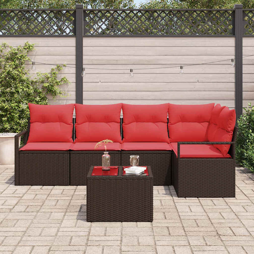 Set Divano da Giardino 6 pz Marrone e Rosso polyrattan