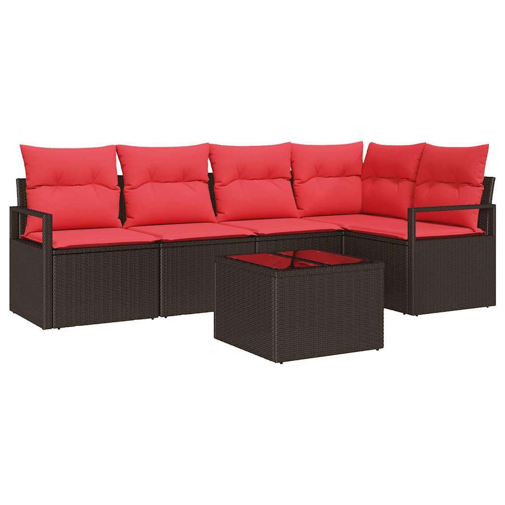 Set Divano da Giardino 6 pz Marrone e Rosso polyrattan