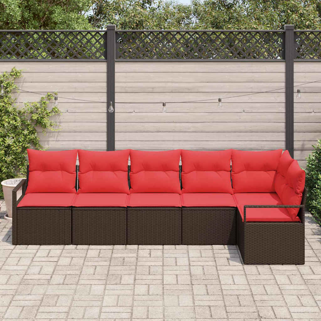 Set Divano da Giardino 6 pz Marrone e Rosso polyrattan
