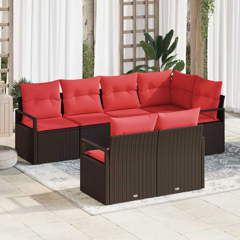 Set Divano da Giardino 7 pz Marrone e Rosso polyrattan
