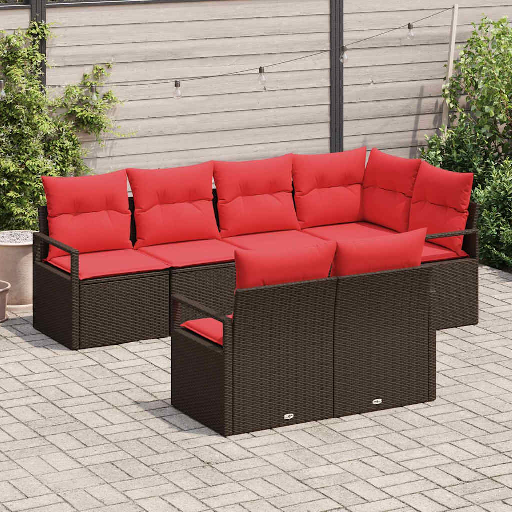 Set Divano da Giardino 7 pz Marrone e Rosso polyrattan