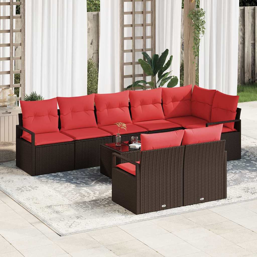 Set Divano da Giardino 9 pz Marrone e Rosso polyrattan