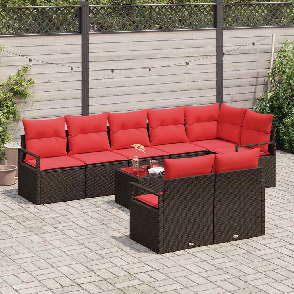 Set Divano da Giardino 9 pz Marrone e Rosso polyrattan