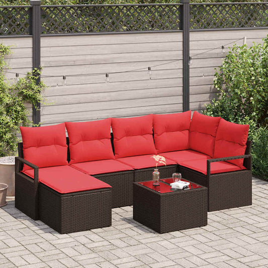 Set di divani 7 pz Marrone e Rosso polyrattan
