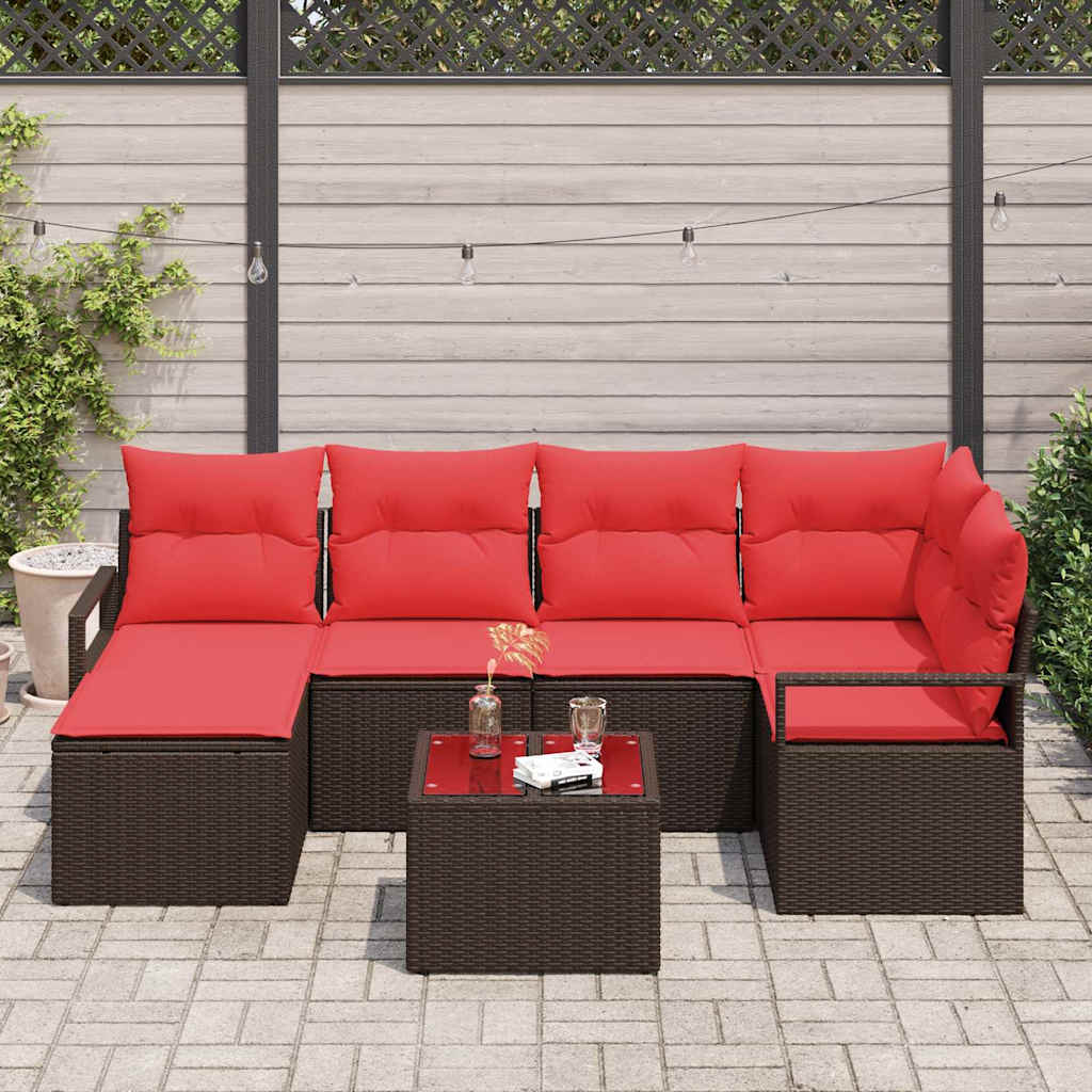 Set di divani 7 pz Marrone e Rosso polyrattan