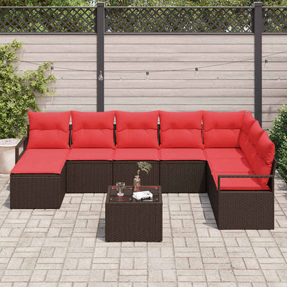 Set di divani 9 pz Marrone e Rosso polyrattan