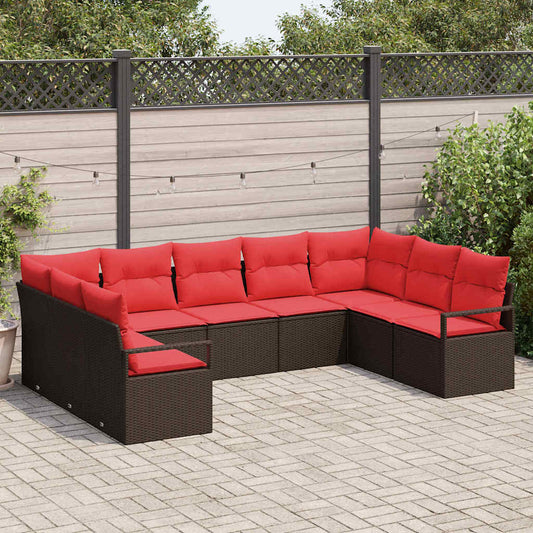 Set Divano da Giardino 9 pcs Marrone e Rosso polyrattan