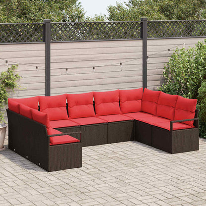 Set Divano da Giardino 9 pz Marrone e Rosso polyrattan