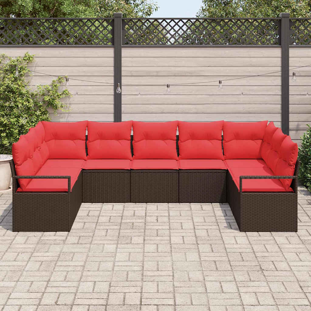 Set Divano da Giardino 9 pz Marrone e Rosso polyrattan