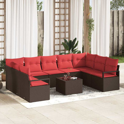 Set Divano da Giardino 10 pz Marrone e Rosso polyrattan