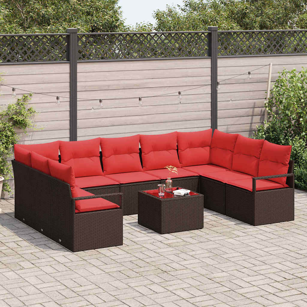 Set Divano da Giardino 10 pz Marrone e Rosso polyrattan
