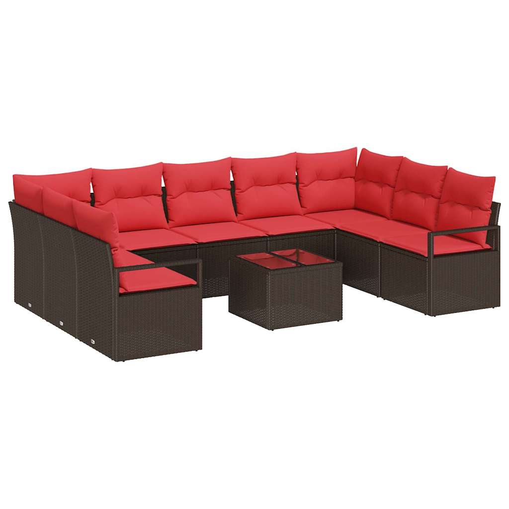 Set Divano da Giardino 10 pz Marrone e Rosso polyrattan
