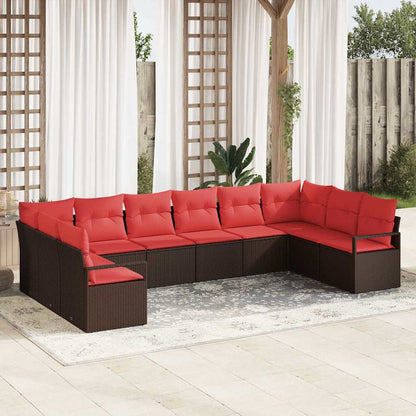 Set Divano da Giardino 10 pz Marrone e Rosso polyrattan
