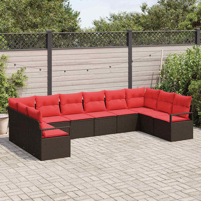 Set Divano da Giardino 10 pz Marrone e Rosso polyrattan