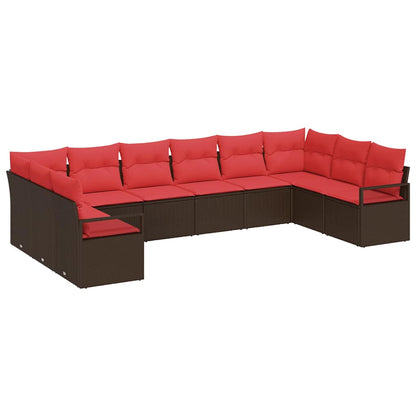 Set Divano da Giardino 10 pz Marrone e Rosso polyrattan