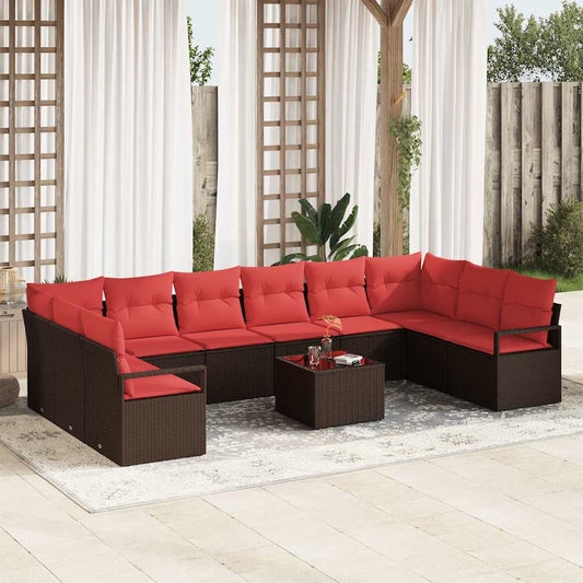 Set Divano da Giardino 11 pcs Marrone e Rosso polyrattan | homemem39