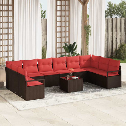 Set Divano da Giardino 11 pz Marrone e Rosso polyrattan