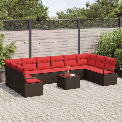 Set Divano da Giardino 11 pz Marrone e Rosso polyrattan