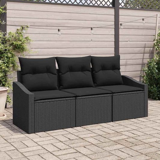 Set Divano da Giardino con cuscino 3 pcs Nero polyrattan