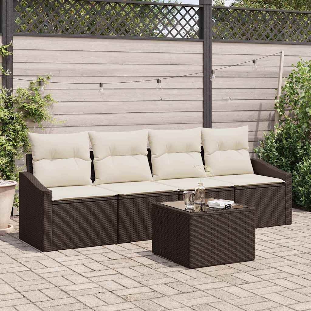 Set di divani con cuscino 5 pcs Marrone e Crema polyrattan | homemem39